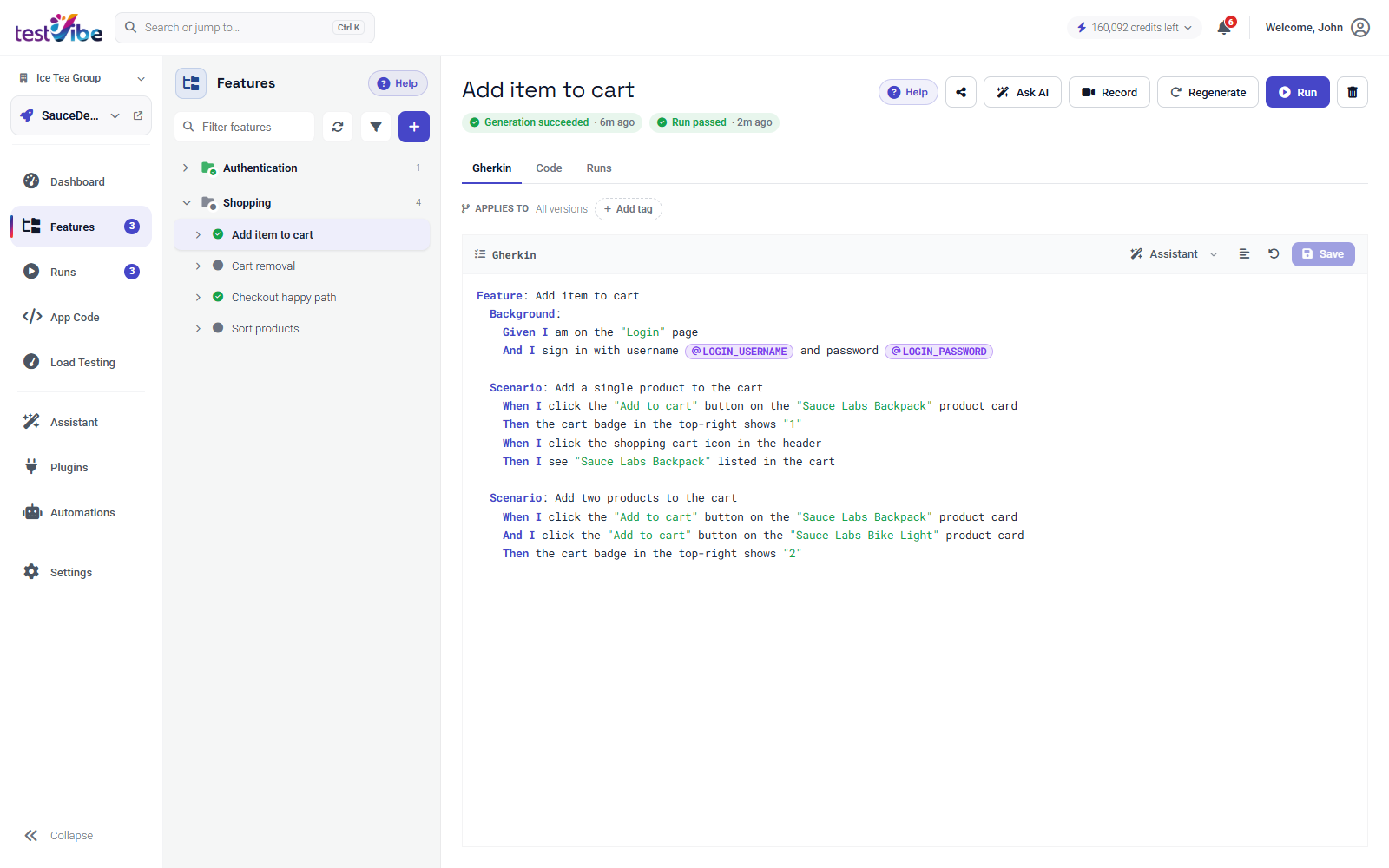 The feature editor in TestVibe — this Gherkin is exactly what syncs to your repo as a .feature file, with the generated spec committed alongside it.