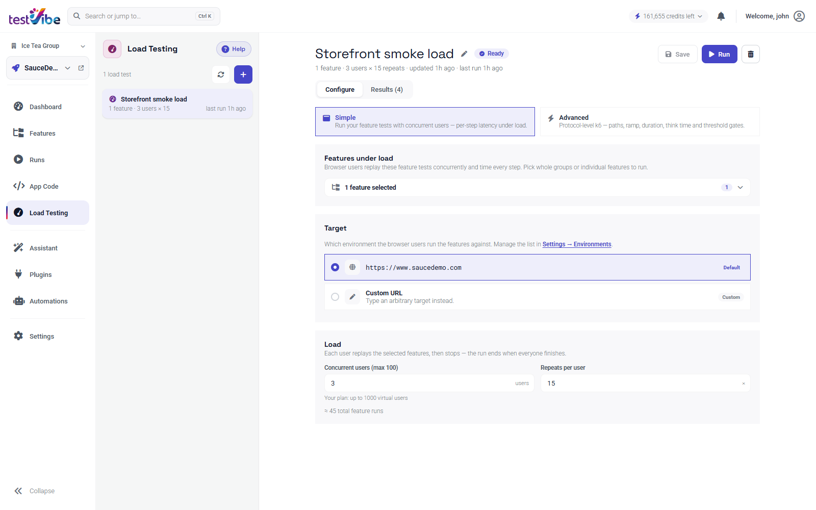 The load test Configure tab, with Simple and Advanced mode side by side above the features, target, and concurrent-users settings.