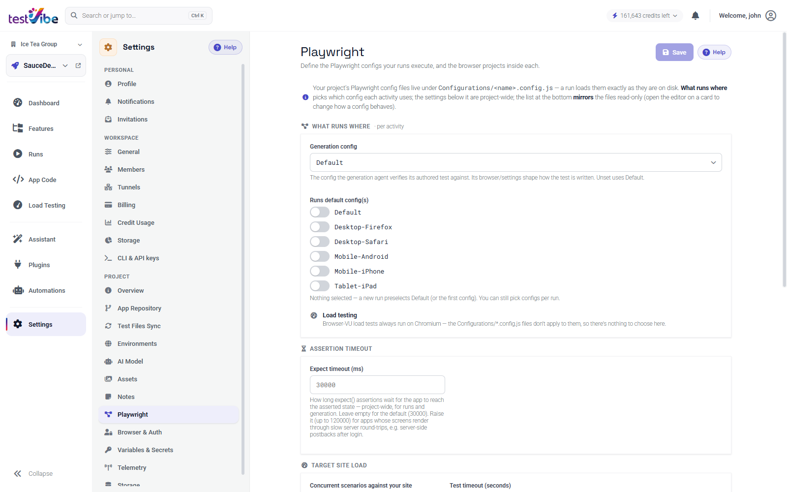 Run configurations in Settings — a desktop default alongside per-device configs for Firefox, Safari, Android, iPhone, and iPad.