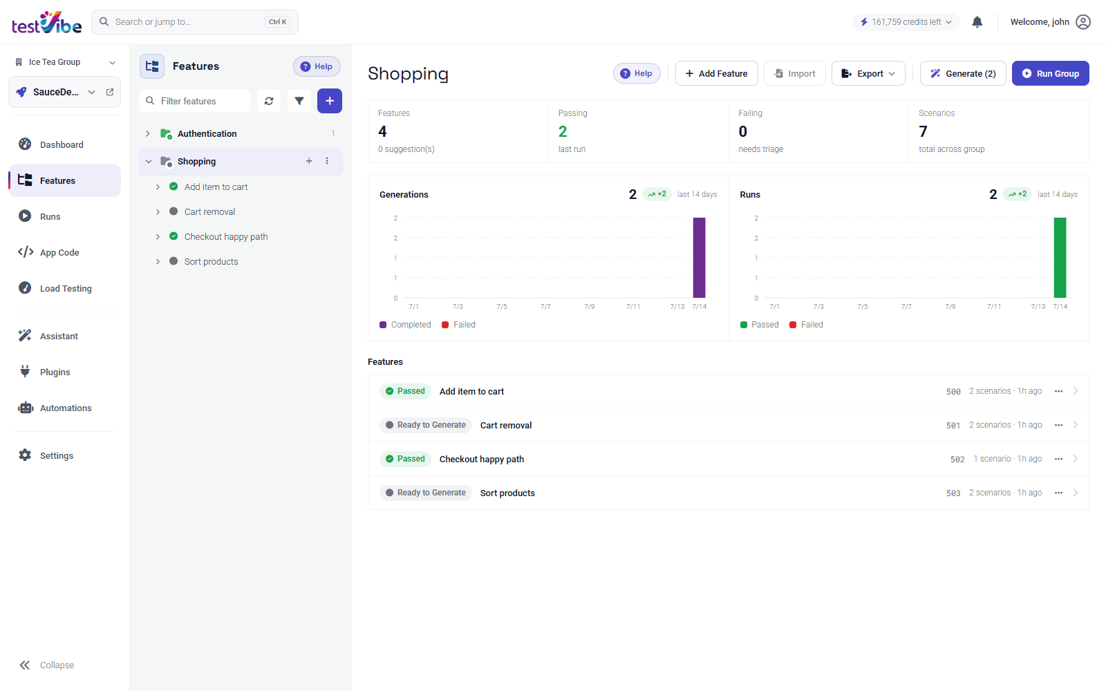 A feature group in TestVibe — groups and features here map one-to-one to folders and files in the synced repo tree.